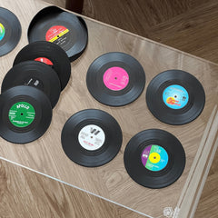 12 Vinyl Record Coasters + Holder