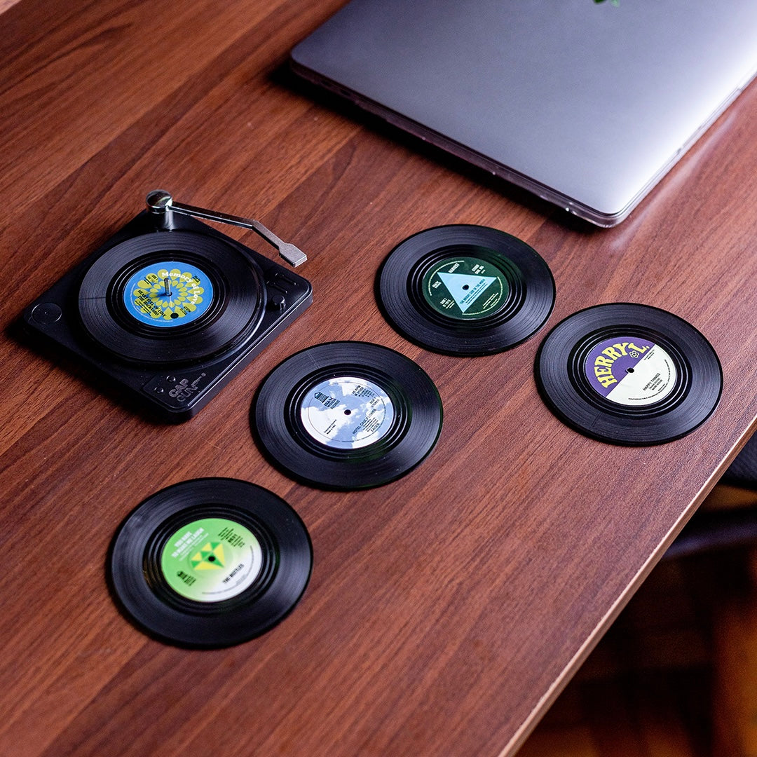 Six Vinyl Coasters + Record Holder