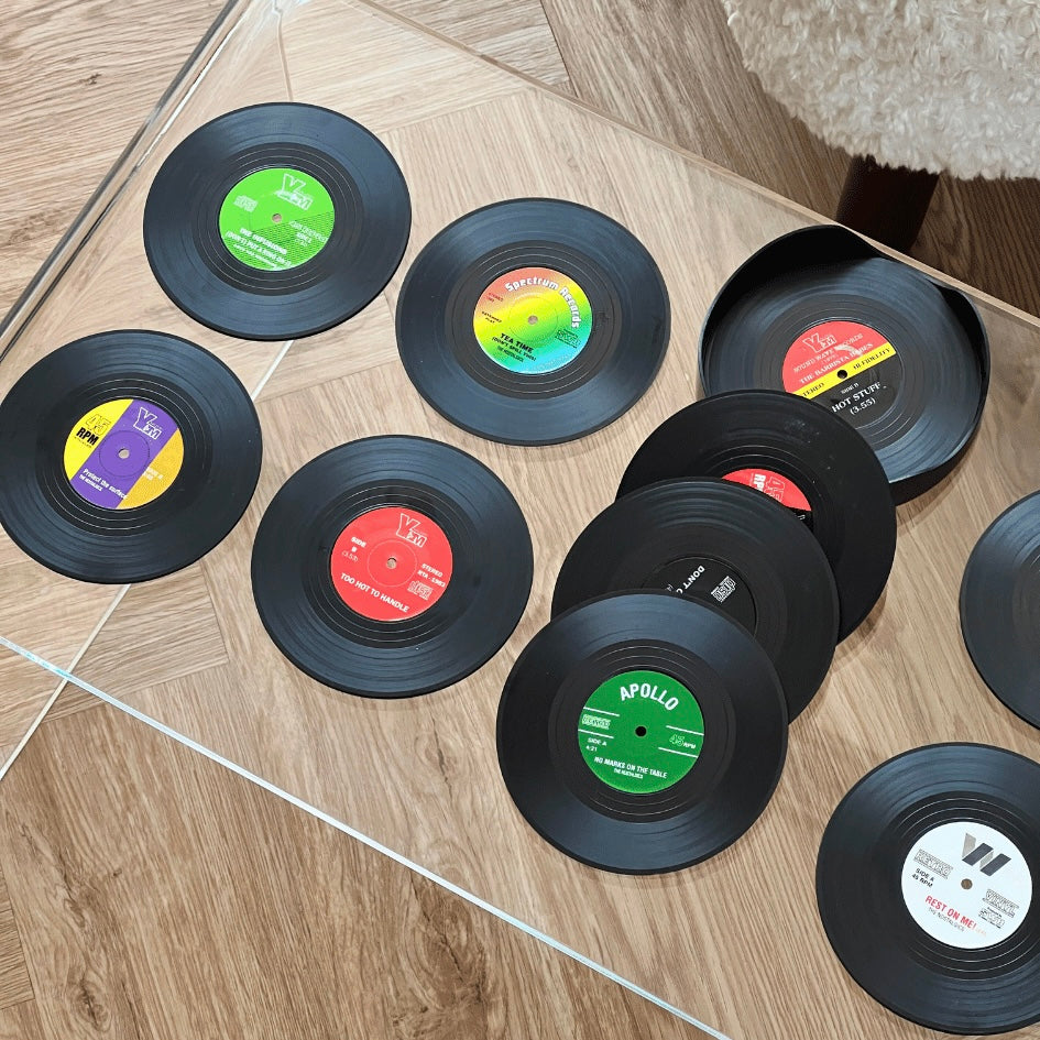 12 Vinyl Record Coasters + Holder