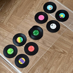 12 Vinyl Record Coasters + Holder