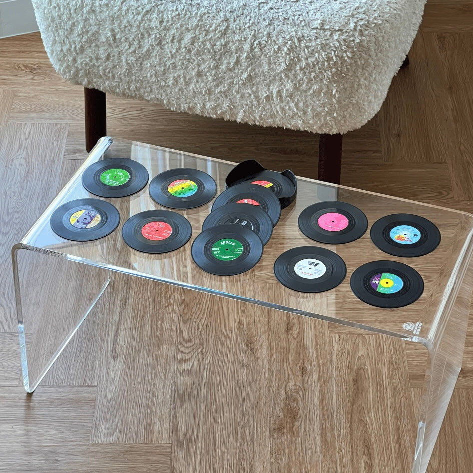 12 Vinyl Record Coasters + Holder